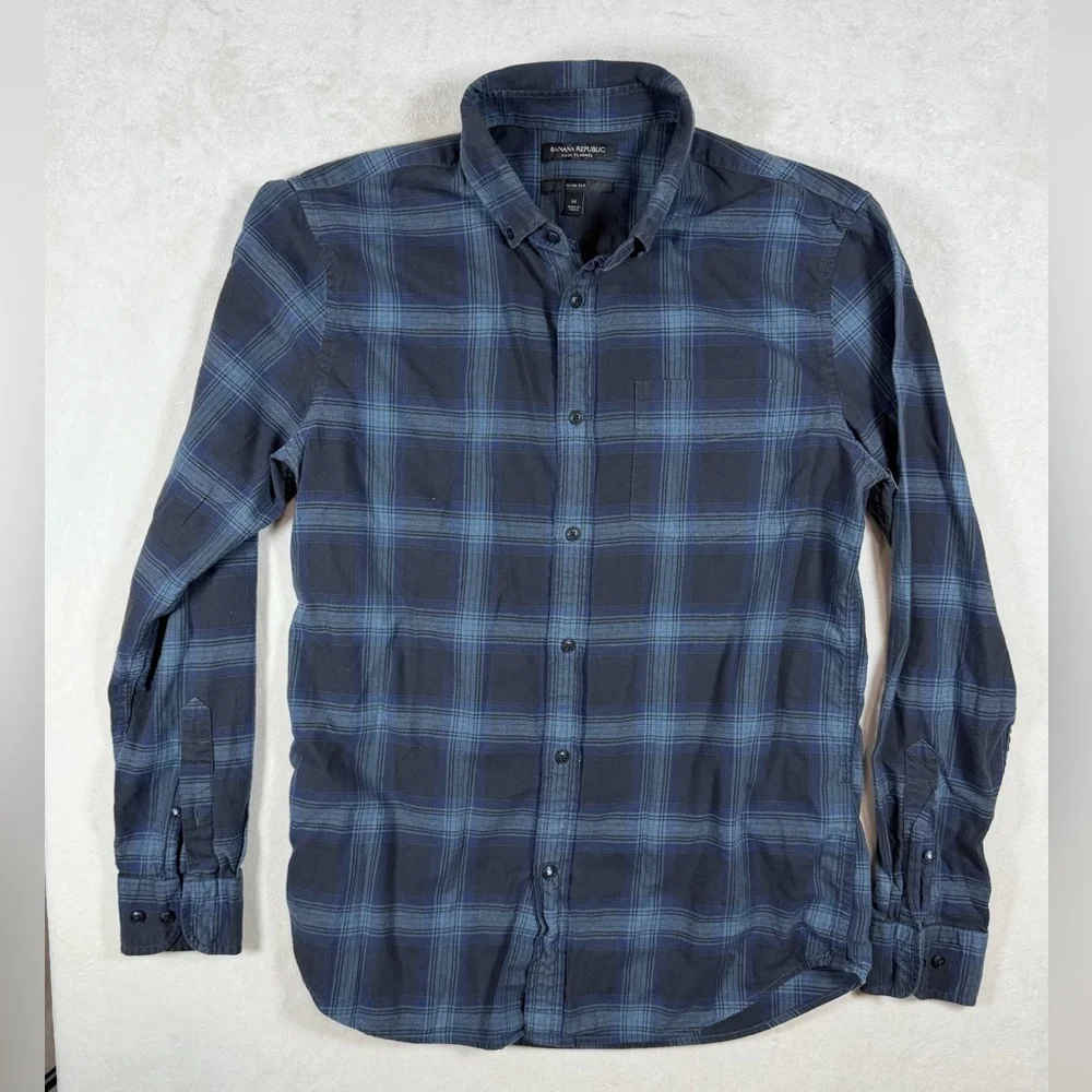 Banana Republic Luxe Flannel Slim Fig Navy and Light Blue Plaid Flannel Shirt